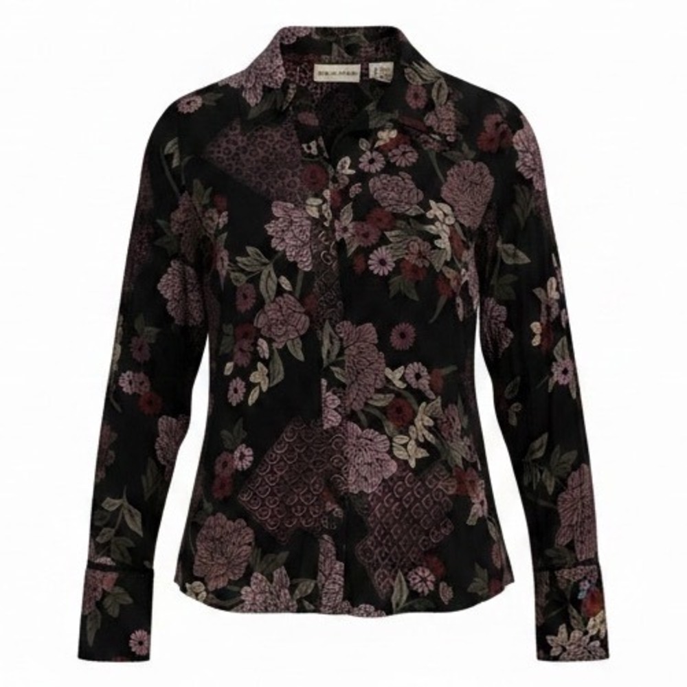 Apostrophe Womens PXS Black Floral Sheer Button Up Blouse Flared Bell Cuff Tie